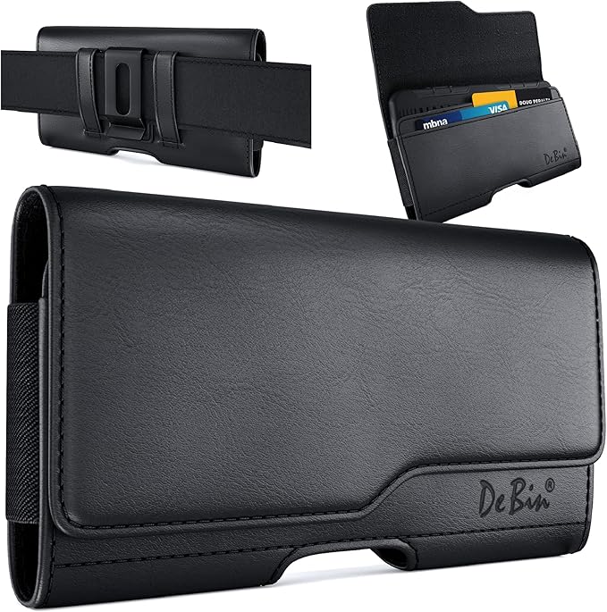 DeBin Holster for Large iPhone Plus, Pro Max Models 16 15 14 13 12 11 Xs Max – Cell Phone Belt Holder Case with Clip, Built-in ID Card Pouch (Fits Phone with Case on), Black