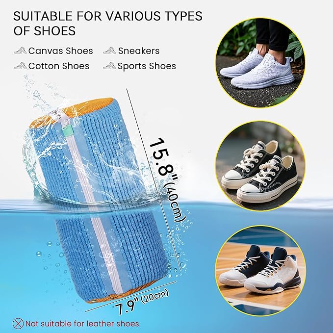 2Pcs Shoe Washing Machine Bag, Sneaker Laundry Bag for Washing Machine, Extra Long and Thick Microfibre Fluff, Reusable for Washer and Dryer (2pcs, Blueish Yellow)