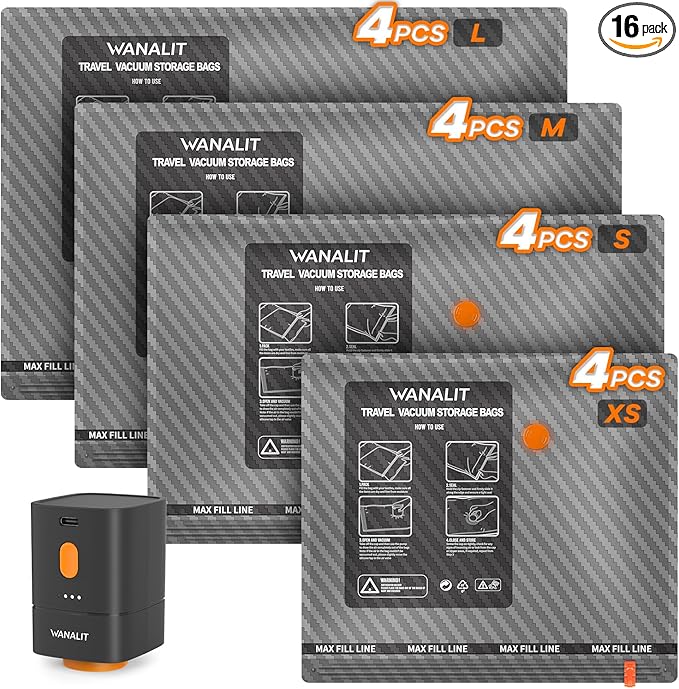 Vacuum Storage Bags for Travel with Wireless Rechargeable Electric Pump, 16 Pack Travel Essentials Vacuum Seal Bags for Clothing, Space Saver Compression Packing Bags for Luggage, Suitcase, Home