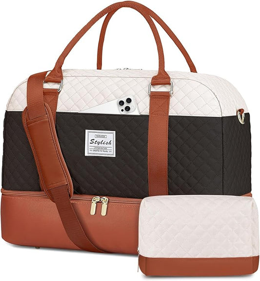 Weekender Bags for Women Duffle Bag - Travel Bag for Women with Shoe Compartment Carry On Overnight Bag Yoga Gym Bag with Wet Pocket Hospital Bag Labor Delivery Black Beige Brown