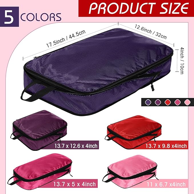 5 Pack Compression Packing Cubes for Travel Space Saving Cubes Luggage Organizer for Suitcase(Purple,Mixed)