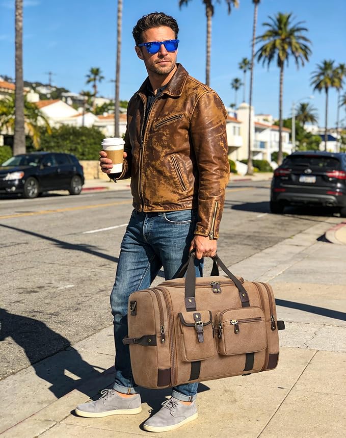 Canvas Duffle Bag for Travel, 55L Weekender Overnight Bag for Men & Women, Vintage Carry on Bags for Airplanes