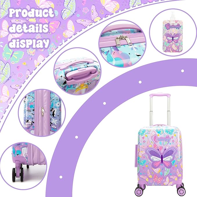 Kid's Luggage Set 5 Piece Suitcase Set 16" Hardside Luggage with Spinner Wheels Girls Carry on Toddler Travel Rolling Suitcase with Neck Pillow Airline Approved