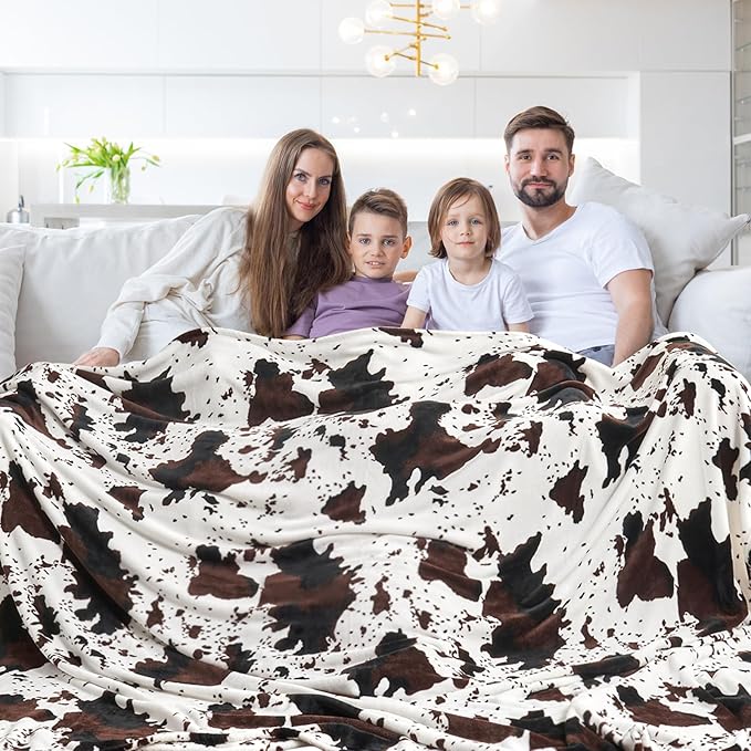 King Size Cow Blanket for Couch Bed, Soft Cozy Fleece Cow Printed Blanket for All Seasons 90"x108" (Dark Brown)