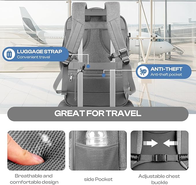 Travel Laptop Backpack, Extra Large 40L-50L Backpack, Laptop Backpack for Men, Water Resistant TSA Airline Approved Business Work 17.3 Computer Bag, Grey