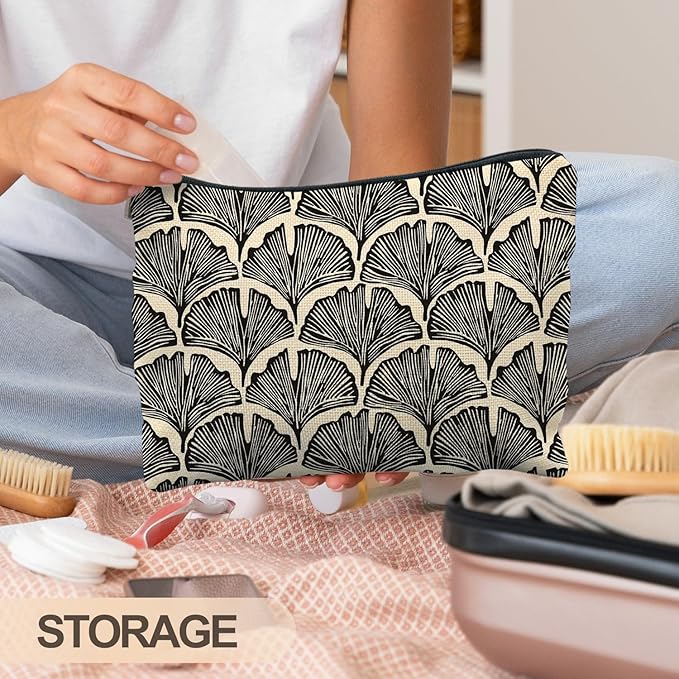 Abstract Black and Beige Makeup Bag, Art Deco Feather Palm Botanical Cosmetic Bags for Women, Mid Century Modern Art Zipper Makeup Pouch