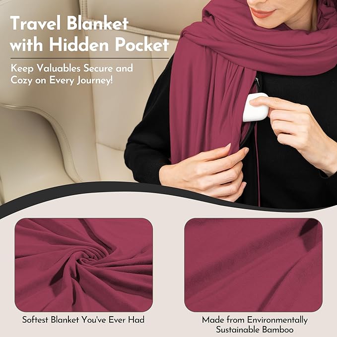 16-in-1 Compact Travel Blanket with Bag – Reversible, Ultra Soft Bamboo Airplane Blanket with Hidden Pocket – Packable for Flights & Travel Essentials (Semi-Weighted, Double Layer)