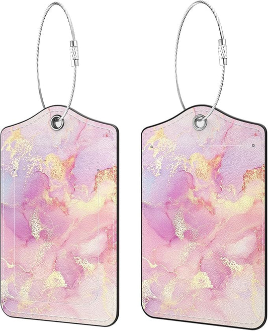 2 Pack PU Leather Luggage Tags for Suitcases, Privacy Protection Cover with Stainless Steel Loop and Address Card, Travel Cruise Essentials (Pink Gold Marble 2)