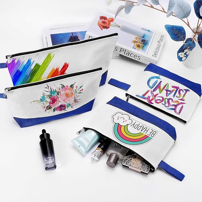 10 Pieces Cotton Canvas Makeup Bag with Bottom and Strap, Multi-Purpose Cosmetic Bag with Zipper Travel Toiletry Pouch, Blank DIY Craft Bag (White&Blue, M)