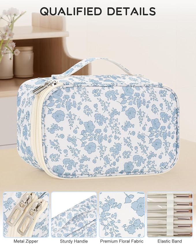 Relavel Travel Makeup Bag, Small Floral Cosmetic Bag with Makeup Brush Compartment, Portable Makeup Pouch for Women, Double Layer Makeup Organizer Bag Cute Toiletry Bag