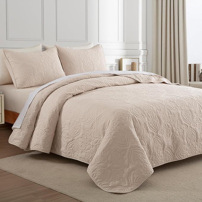 Whale Flotilla Cal King Quilt Set Vintage Damask Reversible Bedspread | Suitable for Bed, 3 Pieces Brich Beige Lightweight Breathable Oversized Quilts, Ultrasonic Coverlet with 2 Pillow Shams