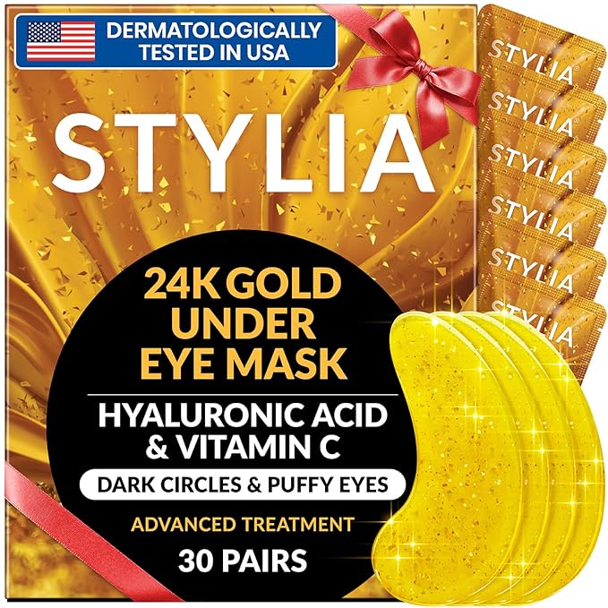 Stylia Under Eye Patches for Dark Circles and Puffy Eyes (30 Pairs) - 24k Gold Under Eye Mask with Vitamin C, Hyaluronic Acid, Pearl Extract - Eye Masks for Dark Circles and Puffiness