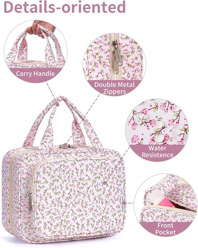 Narwey Hanging Toiletry Bag for Women Travel Makeup Bag Organizer Toiletries Bag for Travel Size Essentials Accessories Cosmetics (Pink Flower (Medium))