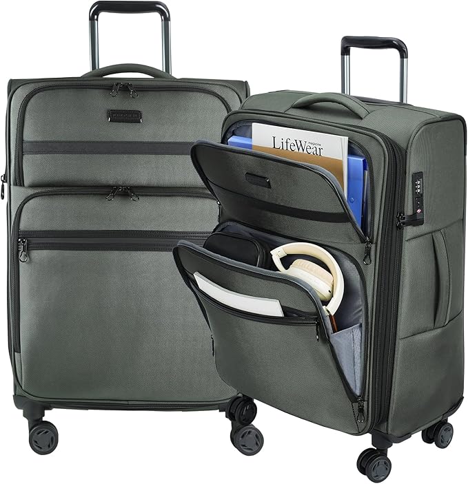 KROSER Softside Expandable checked Luggage with Front Business Pockets，24 Inch Suitcases with Spinner Wheels & Built-in TSA Lock, Durable Suitcase Rolling Luggage, Army Green