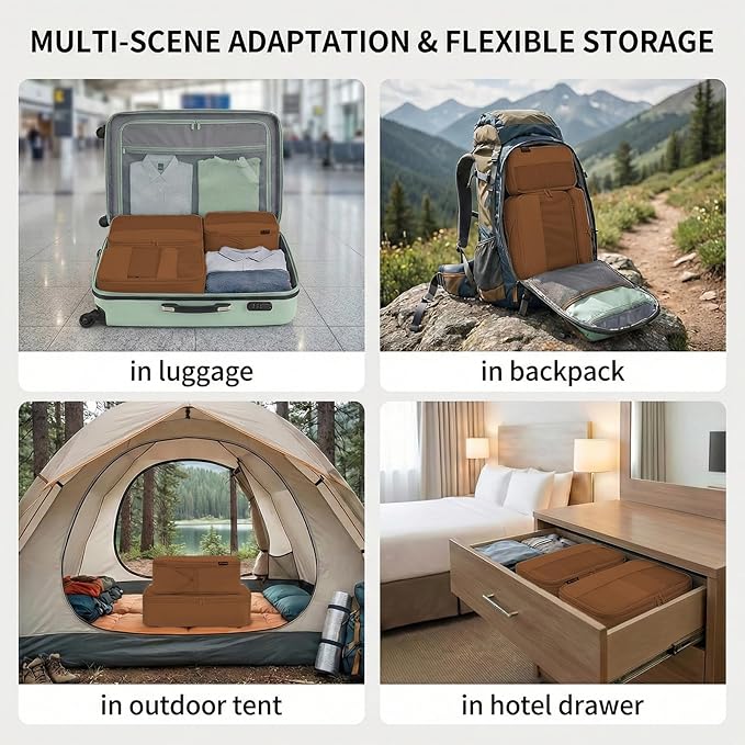 4 Piece Compression Packing Cubes for 3–7 Day Travel, Lightweight Travel Organizers with Breathable Mesh, Double-Zipper Packing Cubes for Carry-On & Suitcases (Light Brown)