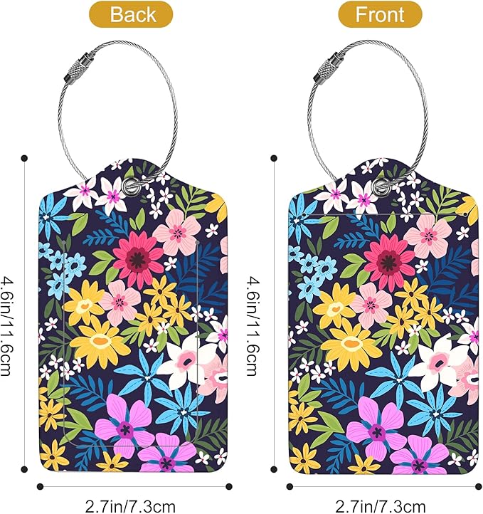 2Pack Luggage Tags for Suitcases, Cute Unique Pu Leather Cruise Luggage Tag with Privacy Cover ID Label Address Card and Metal Ring Suitable for Women Men Kids Travel Bag Colorful Flowers 1