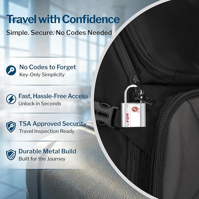 Forge Small Size TSA Approved Luggage Locks: Key Locks for Travel. Ultra Secure Dimple Key Travel Locks Alloy Body Luggage Locks. Silver 2-Pack.