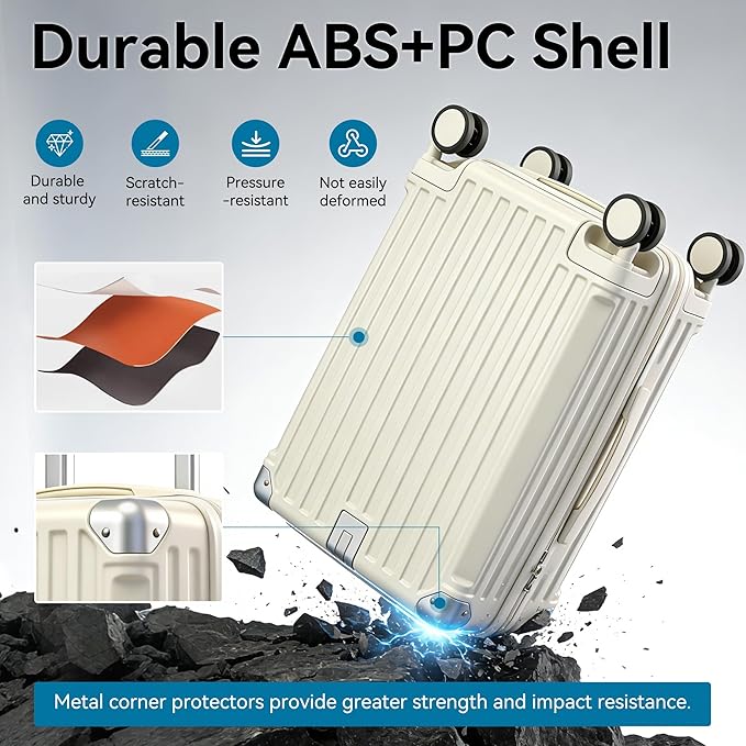 Carry On Luggage with Spinner Wheels,PC Hard Shell Suitcase with USB Port,Lightweight Travel Luggage Airline Approved for Men Women,White,3-Piece Set (14/20/24)