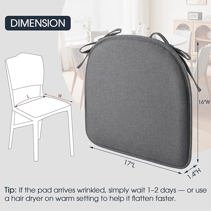 TushGuard Chair Cushions for Dining Chairs Set of 4, Soft Seat Cushions for Kitchen Chairs, Non-Slip Bottom with Ties, Comfortable Everyday Chair Pads, Grey