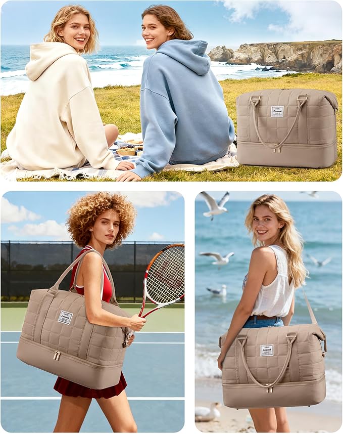 LOVEVOOK Travel Duffel Bag - Versatile Weekender Bag for Women, Puffer Carry On & Overnight Bag for Short Trips, Coffee Brown