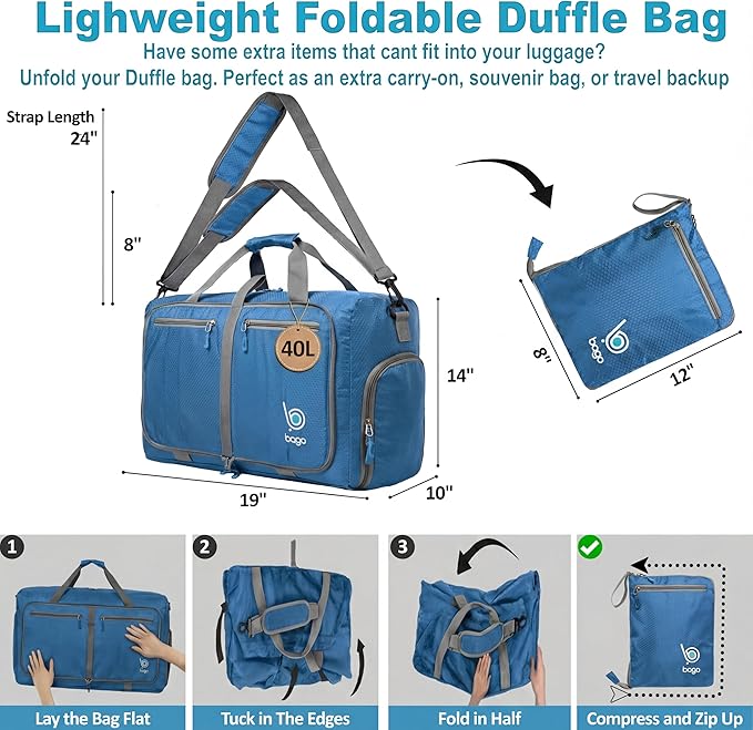 Bago Compact Duffle Bag for Travel Women & Men. Durable Lightweight Foldable Travel Duffel Bags For Traveling Women. 40L Duffle Bags a Reliable Weekender duffel or Overnight Bag With Shoe Compartment