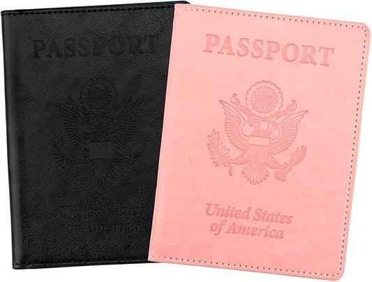 Passport Holder, Passport Cover, Passport Holder for Women, 2 Pack Travel Passport Wallet, Leather Passport Case, Passport Protector International Travel Must Haves Accessories, Black+Pink