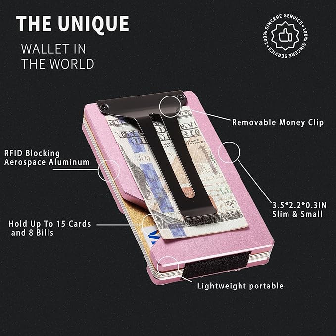 Carbon Fiber Minimalist Wallet for Men Credit Card Holder Money Clip & Cash Strap Slim RFID Mens Wallets(Matte Pink)