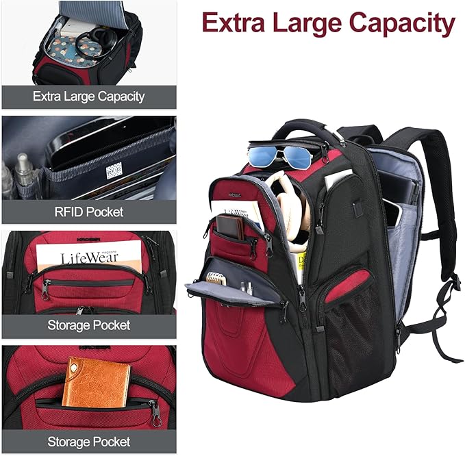 KROSER Friendly Travel Laptop Backpack 18.4 inch XXXL Gaming Backpack Water-Repellent College Daypack Business Backpack with RFID Pockets & USB Port for Men/Women-Black/Red