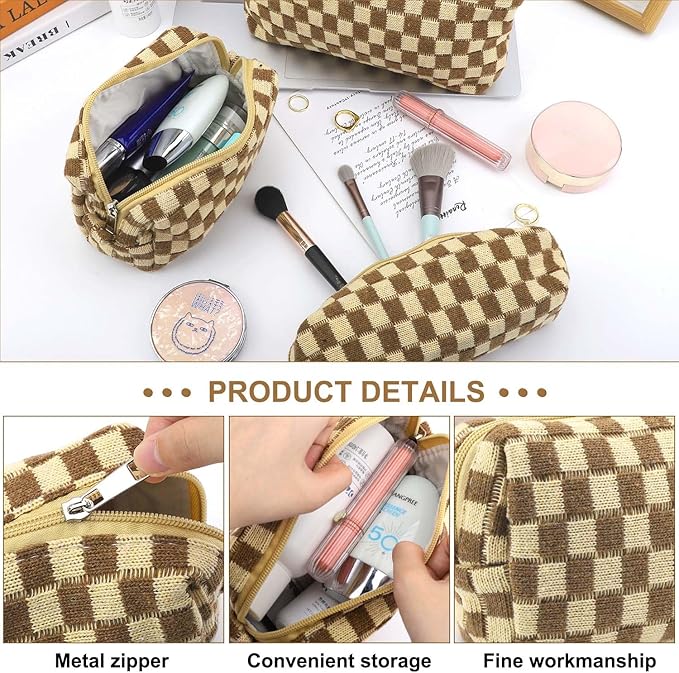 EIMMBD Makeup Bag 3 Pieces Large Capacity Checkered Cosmetic Bags Travel Toiletry Bag Organizer Cute Makeup Pouch Storage for Women(Brown)