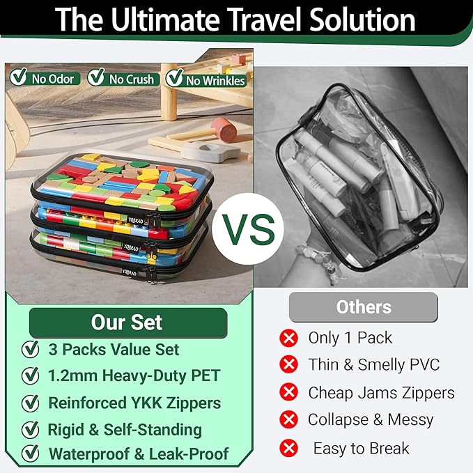 YQBRA 3 Pack Clear Hard Shell Zipper Case, See-Through Hard Plastic Organizer Pouches with Zipper for Travel, Toiletries, Makeup, Electronics & Pencils - Crush-Resistant Storage (L Black)