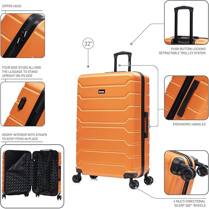 InUSA TREND Luggage with Spinner Wheels | Durable lightweight Hardside Suitcase, Travel Bag with Handle and Trolley | 32-inch Extra-Large Checked luggage | Orange