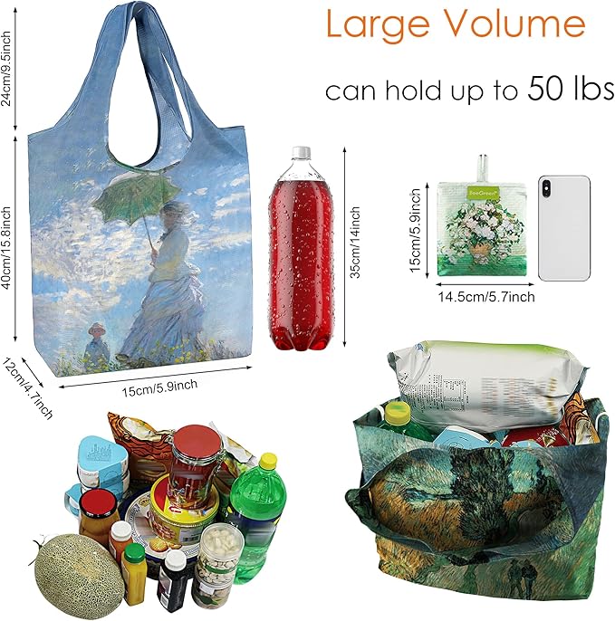 BeeGreen Oil Painting Aesthetic Tote Bag - Large Reusable Grocery Bag, Polyester Grocery Bags Gifts for Women,Foldable, Washable, Packable with Handles & Pouch for Shopping, Beach, Work, Summer
