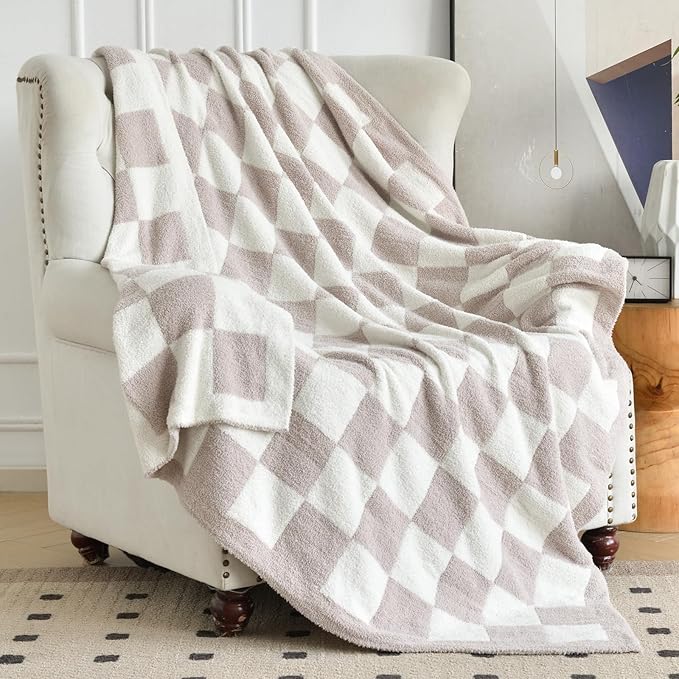 Checkered Blanket, Cozy Soft Throw Blankets for Couch Bed, Fluffy Plaid Lightweight Comfy Travel Picnic Blanket Gifts for Sofa Chair Living Room Camping (Ivory White, Throw 50"x60")