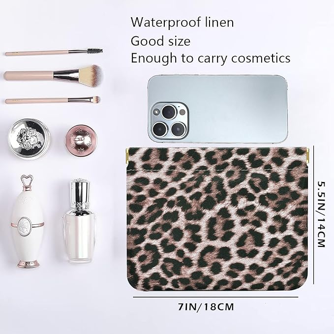 Leather Pocket Cosmetic Bag for Purse,Coin Purse Lipstick Cosmetic Accessories Organizer, Travel Kit Storage Pouch,Waterproof Portable No Zipper Self-closing (Leopard print)