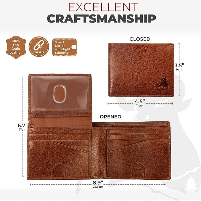 RFID Bifold Leather Wallet For Men with Flip Up ID Secure and Durable Extra Capacity Billfold with 11 Credit Cards in Vintage Buffalo Brown