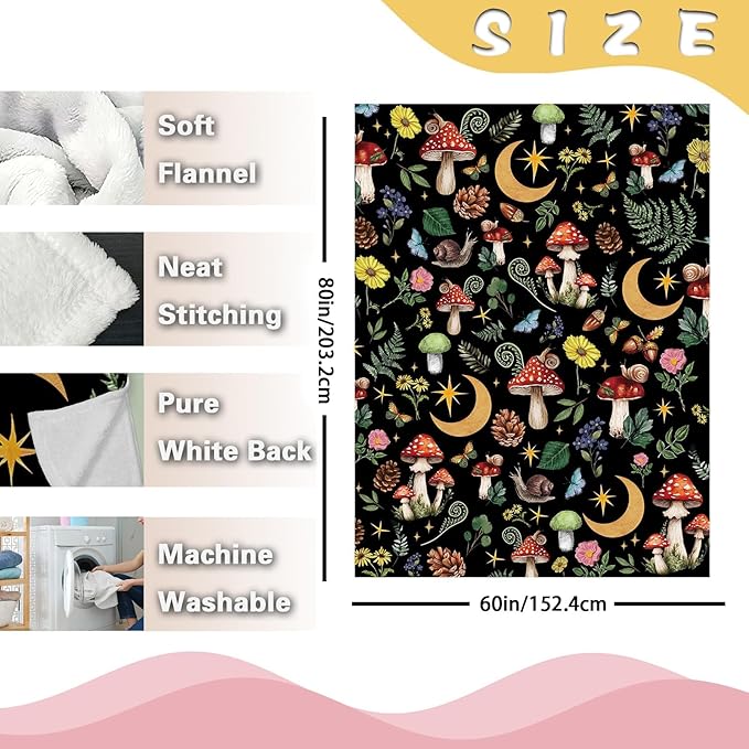 Mystical Forest Mushroom Flannel Throw Blanket, Fairy Tale Cottagecore Moon Star Birthday Gifts for Men Women Adults Teen Kids, Witchy Boho Botanical Soft Blankets for Bedding Sofa 60" x 80"