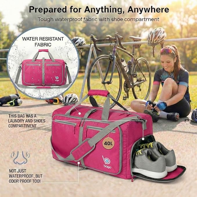 Bago Compact Duffle Bag for Travel Women & Men. Durable Lightweight Foldable Travel Duffel Bags For Traveling Women. 40L Duffle Bags a Reliable Weekender duffel or Overnight Bag With Shoe Compartment