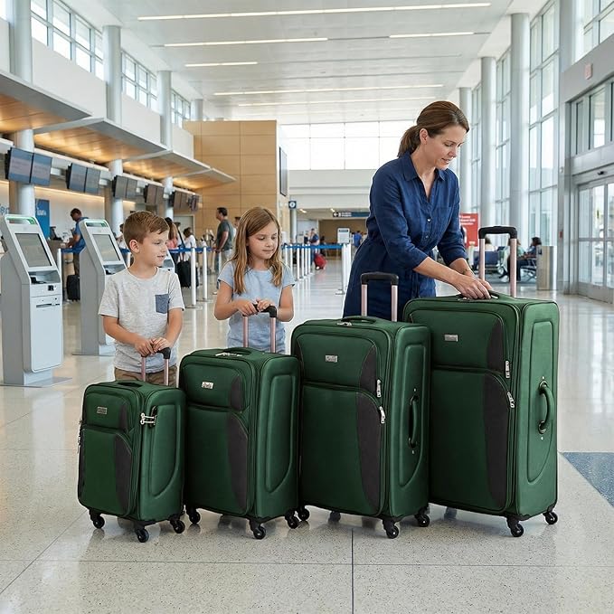 4 Piece Softshell Expandable Luggage Sets, Lightweight Travel Suitcase Set with Lock and 360°Swivel Spinner Wheels, Durable Softside Luggage, 20 in/24 in/28 in/32 in, Dark Green