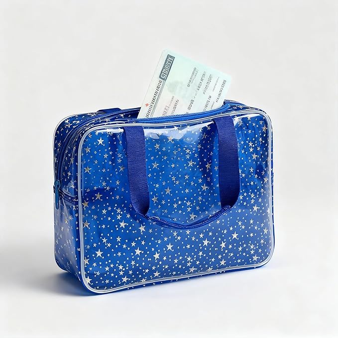 Dark Blue Clear Star Large Cosmetic Bag and Travel Pouch with Handle,Durable Material,Zipper Design-Ideal for Makeup,Travel Essentials (Dark Blue)