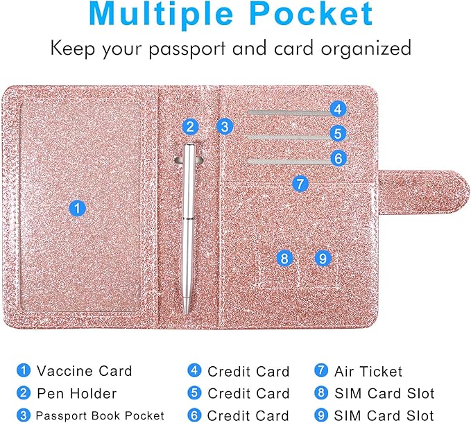 ACdream Unisex Faux Leather Passport and Vaccine Card Holder, Glitter Rose, RFID Blocking, 20 x 3.5 x 2.5 in