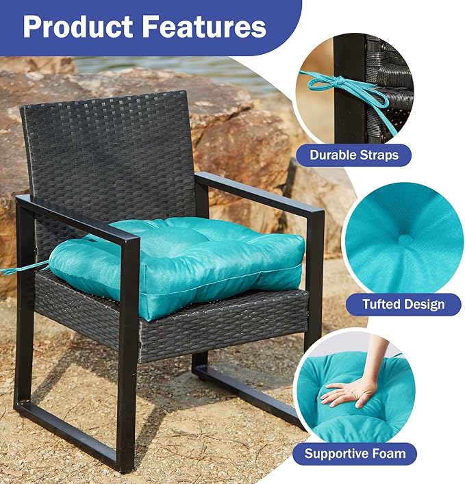 Outdoor Chair Cushions Set of 4, Patio Chair Cushions with Ties, 19x19+5” Tufted Outdoor Seat Cushions, Waterproof Patio Furniture Cushions, Outdoor Dining Chair Pads, Teal