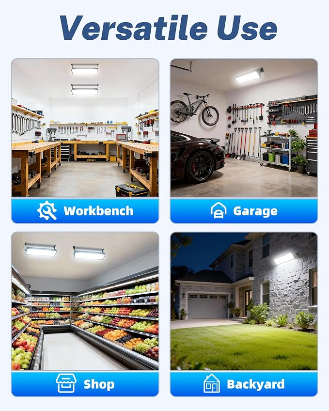 2 Pack LED Shop Lights, 100W 14000LM 6000K Plug in Garage Light Waterproof | 6FT Power Cord, IP66, Work Bench Lighting for Garage, Workshop, Warehouse, Outdoor, Yard, Garden
