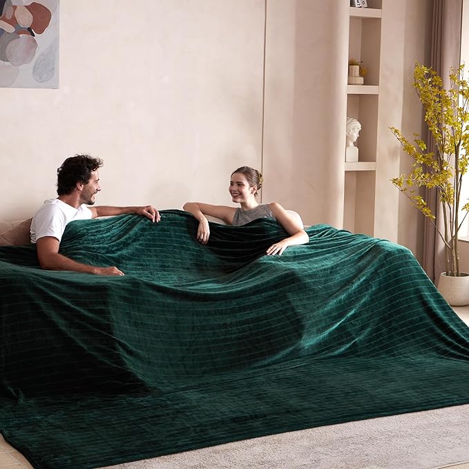 Extra Large 120x120 Inch Giant Soft Cozy Fleece Blanket, Huge Oversized Seamless King 3D Jacquard Decorative California King Blanket for Bed, Couch, Travel - Striped Forest Green
