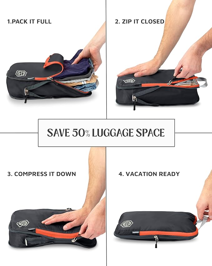 Compression Packing Cubes 6 Piece Set for Carryon Suitcases- Lightweight, Durable Clothes Organizer (Grey and Orange)