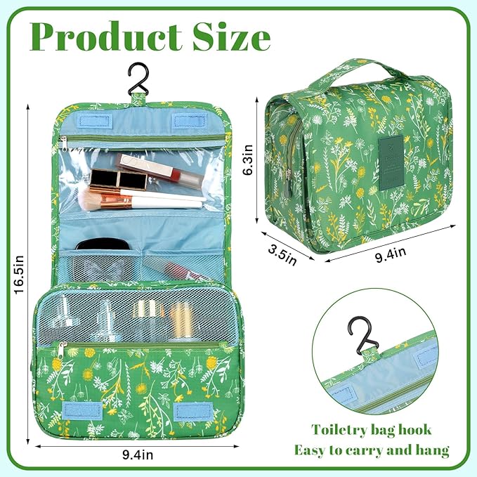 Pengxiaomei Hanging Toiletry Bag, Green Floral Waterproof Cosmetic Bag Portable Makeup Pouch Wash Bag with Handle for Kids Teen Girls Tea Party Spring Party Mothers Day Gifts