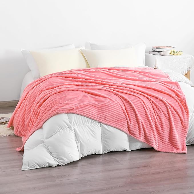 NTBAY Plush Flannel Twin Bed Blanket, 60X80 Inches Soft and Warm Lightweight Blanket with Striped Texture Bed Blanket for Couch Sofa Bed All Seasons, 60"x80", Pink