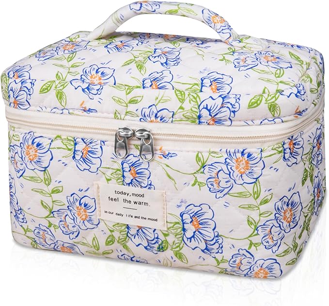 Large Makeup Bag, Cute Cosmetic Bag for Women Girls, Floral Coquette Aesthetic Toiletry Bag, Travel Make Up Organizer Bag (light blue)