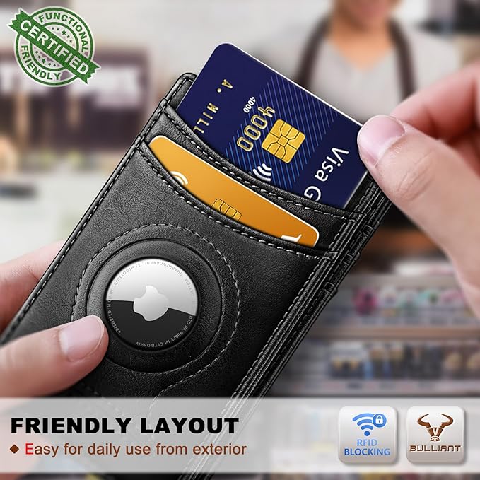 BULLIANT Men Airtag Wallet,Slim Wallet Money Clip Card Holder Magnetic Closure 12 Cards in Front Pocket RFID Blocking