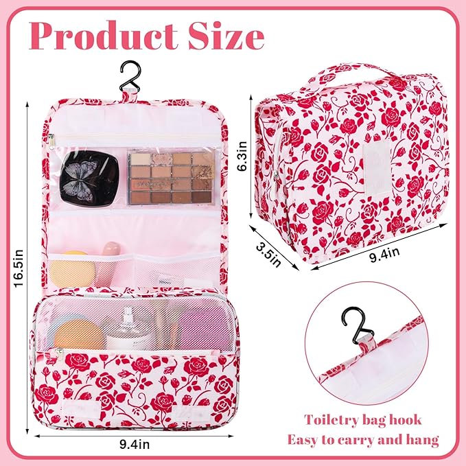 Pengxiaomei Hanging Toiletry Bag, Red Roses Waterproof Cosmetic Bag Portable Makeup Pouch Travel Wash Bag with Handle for Kids Teen Girls Spring Party Mothers Day Gifts