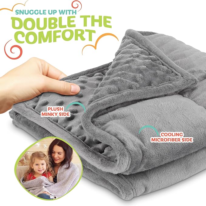 7lb Weighted Blanket (Grey) 19x22 Inch– Plush Minky Lap Pad with Sensory Support for Autism or ADHD, Giftable Weighted Blanket with Travel Bag for Ages 6–12